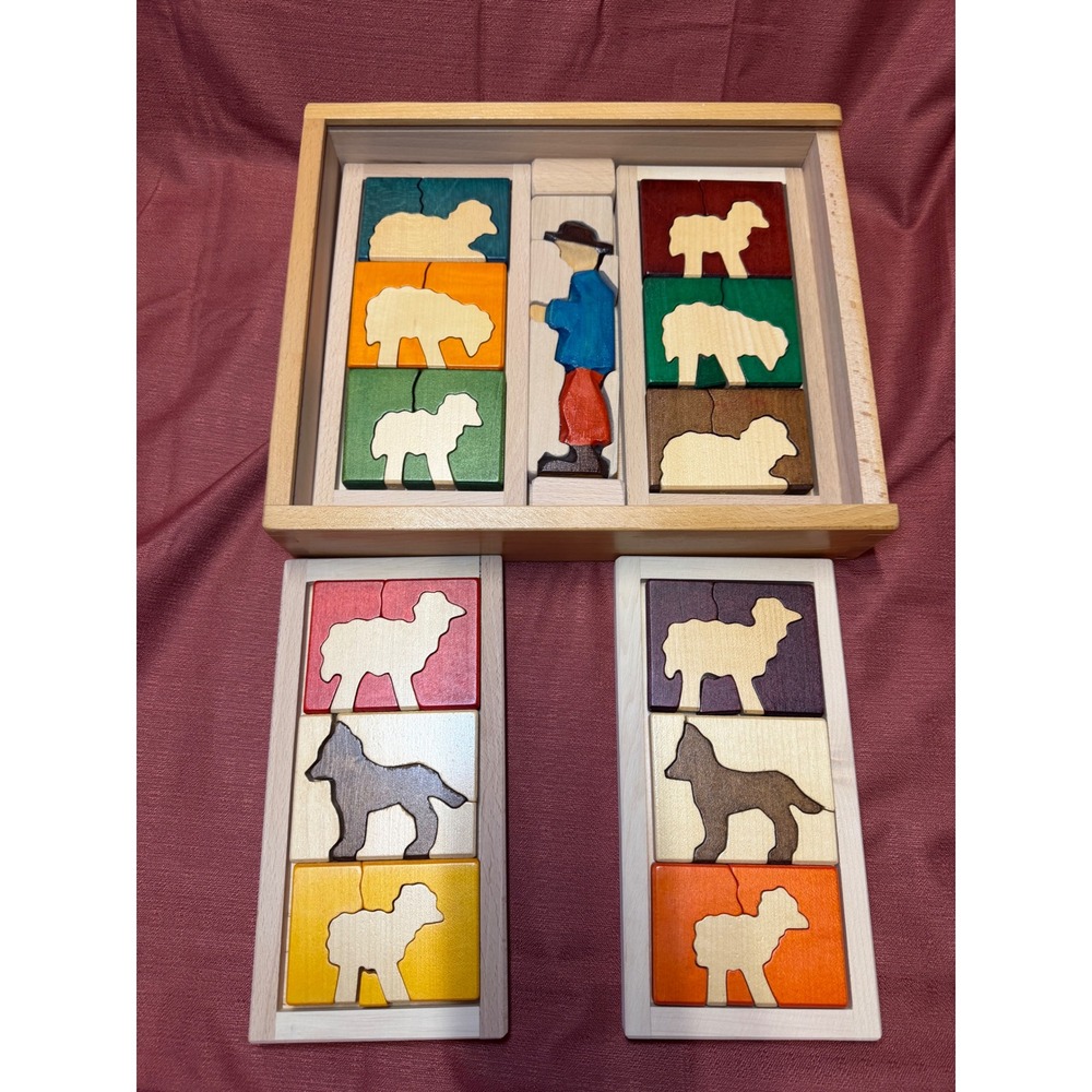 Vintage WEST GERMANY KAPLAN'S  Handcrafted Wooden Puzzle Set with Storage Box